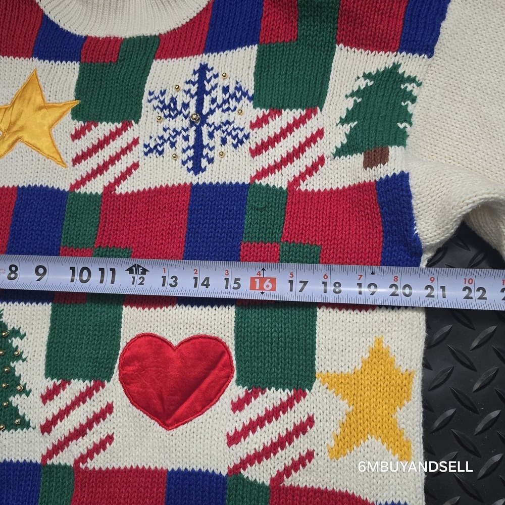 Capistrano Vintage Christmas Sweater Womens 14 Patchwork Tree Star Heart Knit - Picture 8 of 10